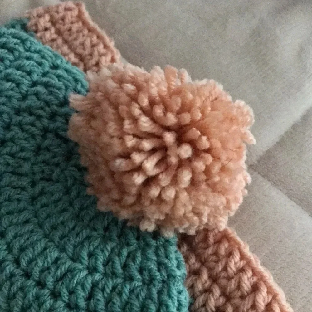Pair of Handmade‎ Knit Kids Winter Hats Pompom Coral and Teal Color Block